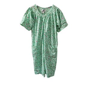 VTG Housecoat Robe Lounger Mumu Casual Nights Mint Green Floral Snaps Pockets S